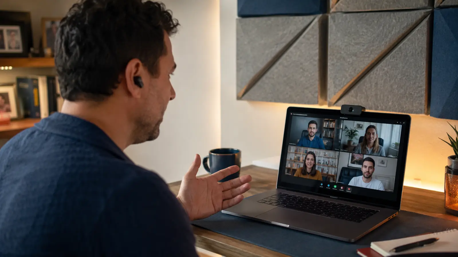 Person on a laptop video call with acoustic panels visible on the wall behind them