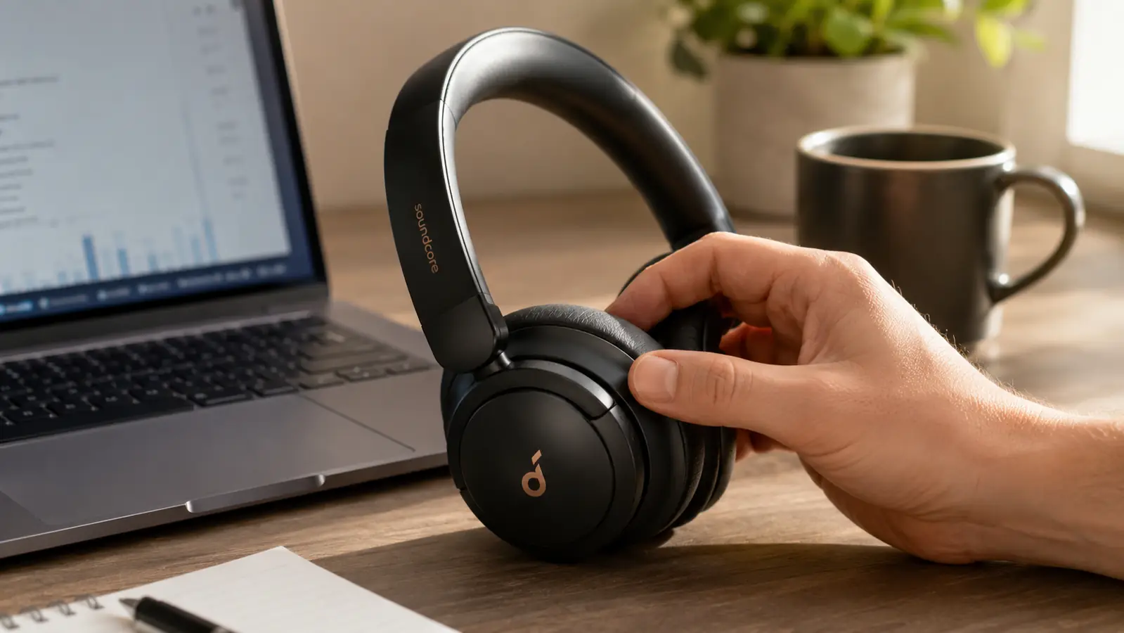 Hand adjusting the ear cup of black over-ear ANC headphones next to a laptop on a desk