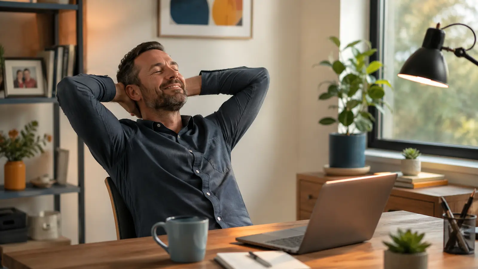 A remote worker leaning back from their desk mid-afternoon after a short pedaling break