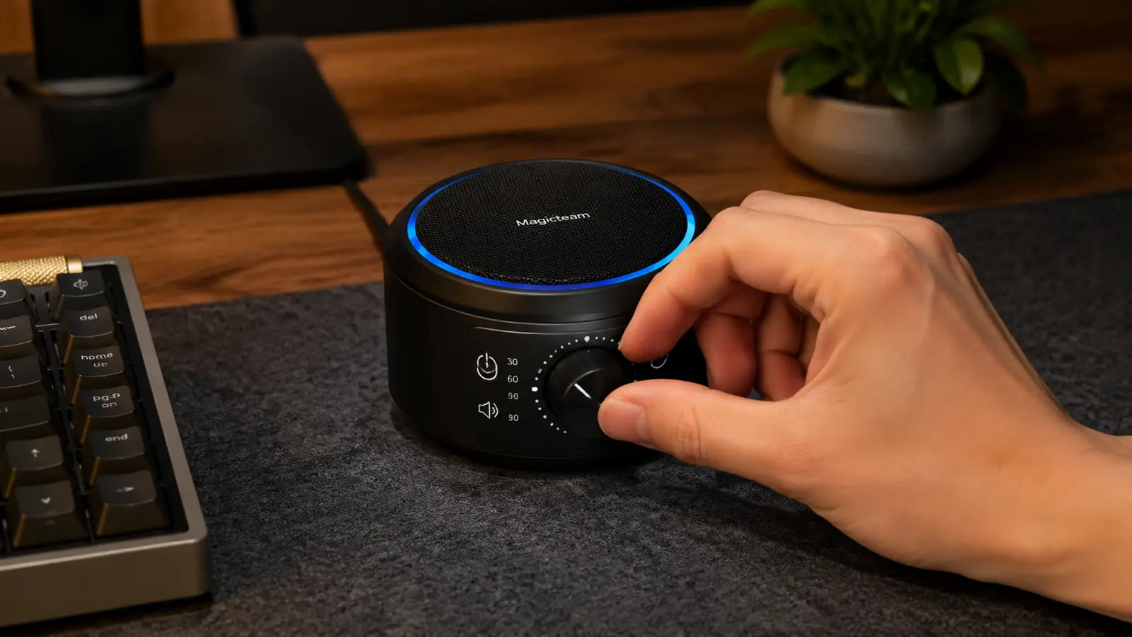 Hand turning the volume dial on a white noise machine sitting near a keyboard