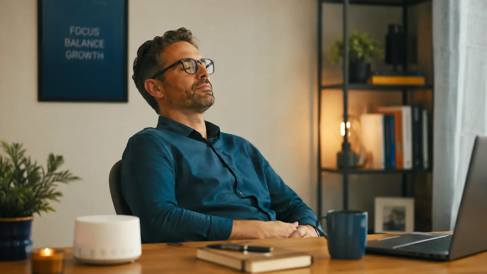 Person leaning back at a desk with eyes closed for a moment during a short break, white noise machine glowing softly nearby