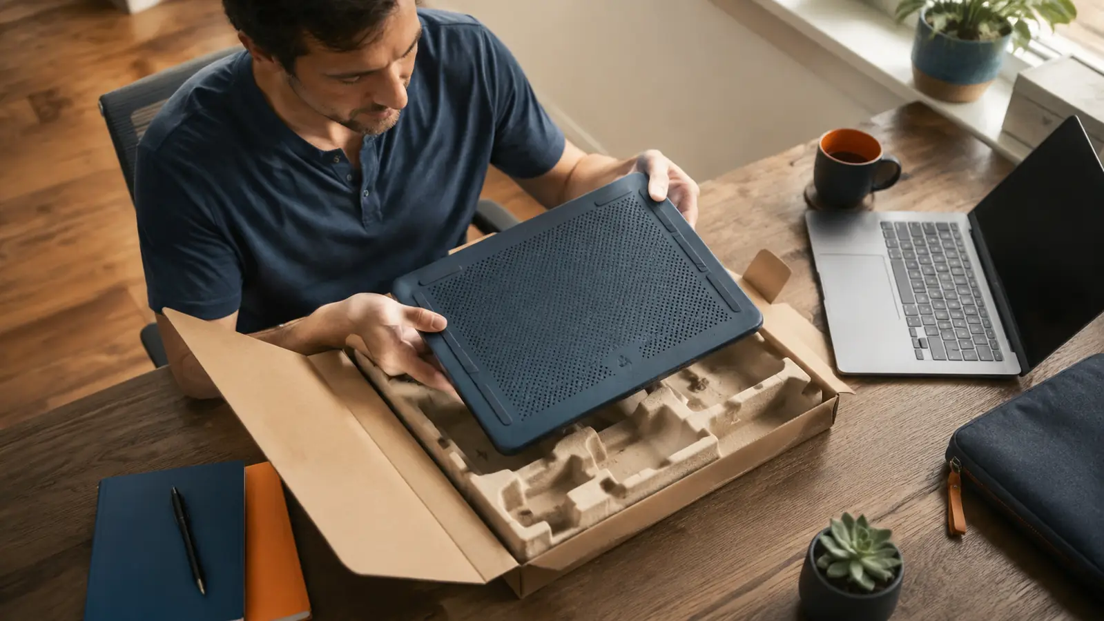 Person unboxing a laptop cooling pad on a home office desk with packaging still nearby