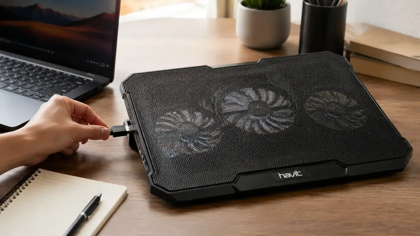 Hand plugging the USB cable from a laptop into the Havit cooling pad's fan controller