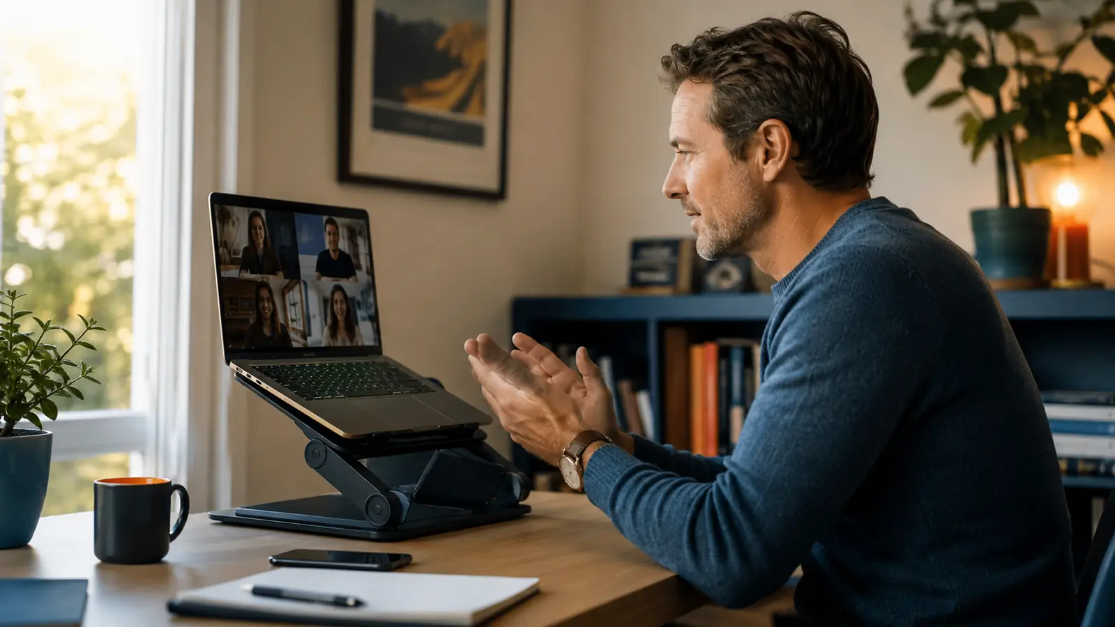 Remote worker on a video call with a laptop elevated on a cooling pad at eye level on a home office desk