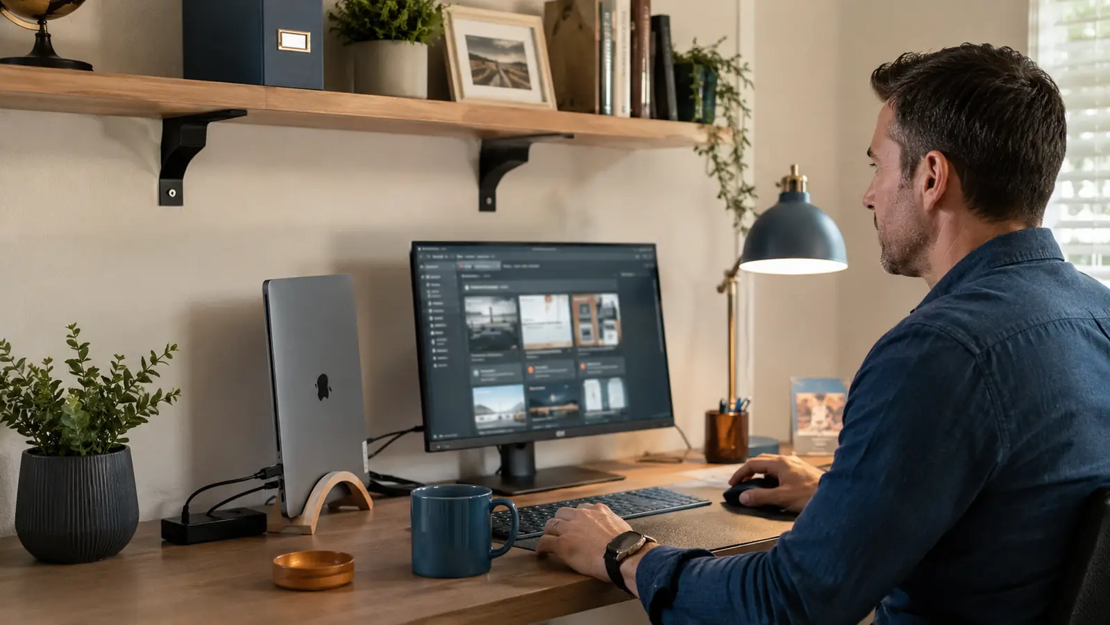Remote worker at a home desk with a laptop propped upright in a vertical stand next to a closed laptop lid