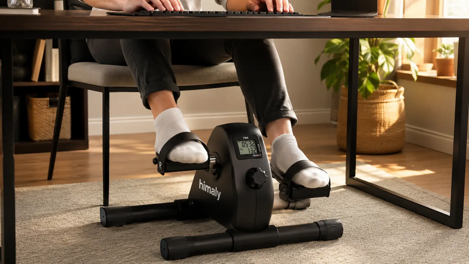 Feet pedaling the himaly under-desk exerciser while typing at a home office desk