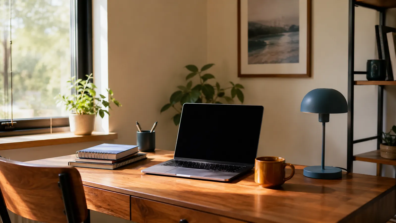 A practical home workstation in warm morning light, calm and grown-up