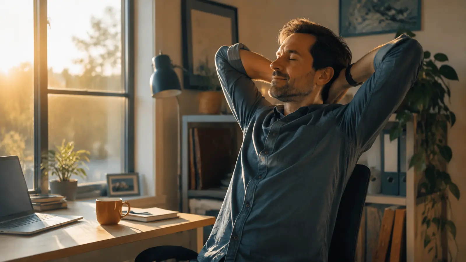 Person stretching and standing up from a home office chair at the end of the workday, looking more relaxed than stiff