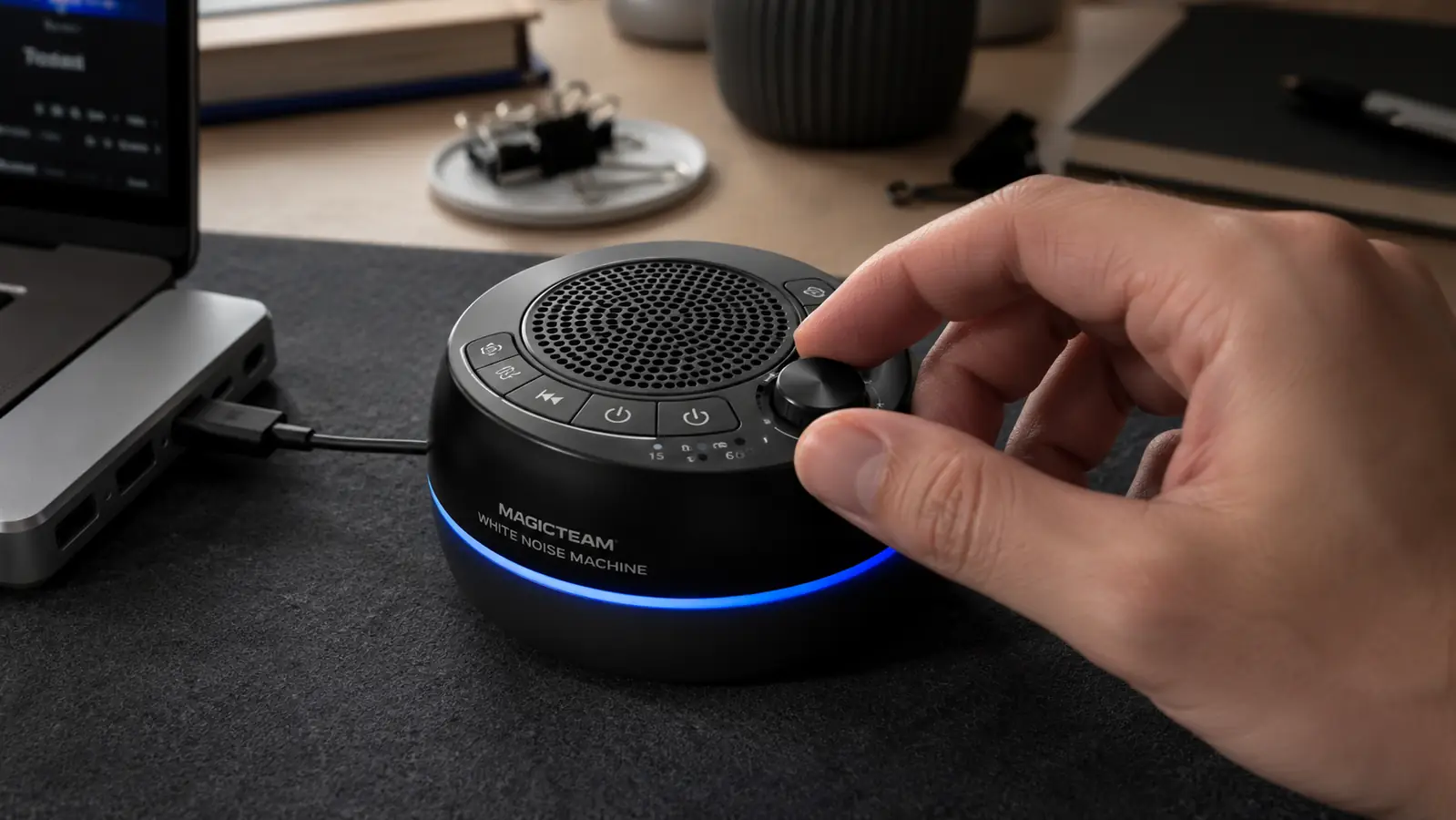 Close-up of a hand adjusting the volume dial on a small white noise machine sitting on a desk beside a laptop dock