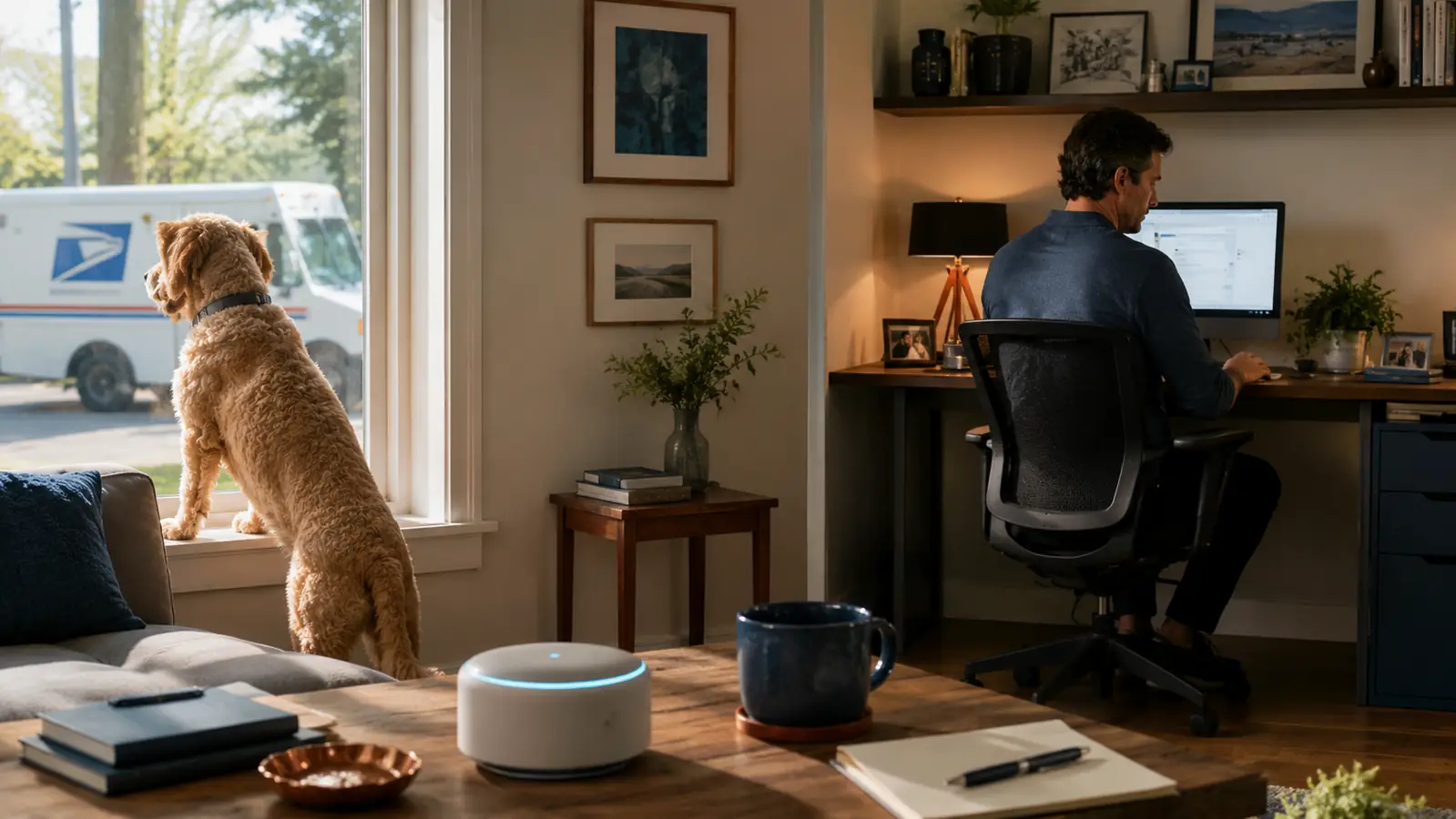 A dog barking at a mail truck through a front window while a woman continues working calmly at her desk in the background