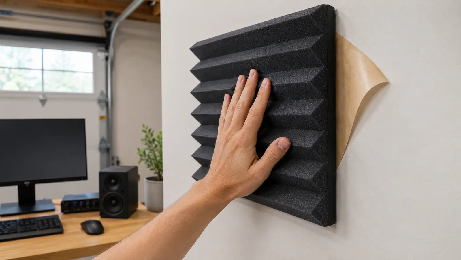 Hand pressing a self-adhesive foam acoustic panel onto a wall beside a desk monitor