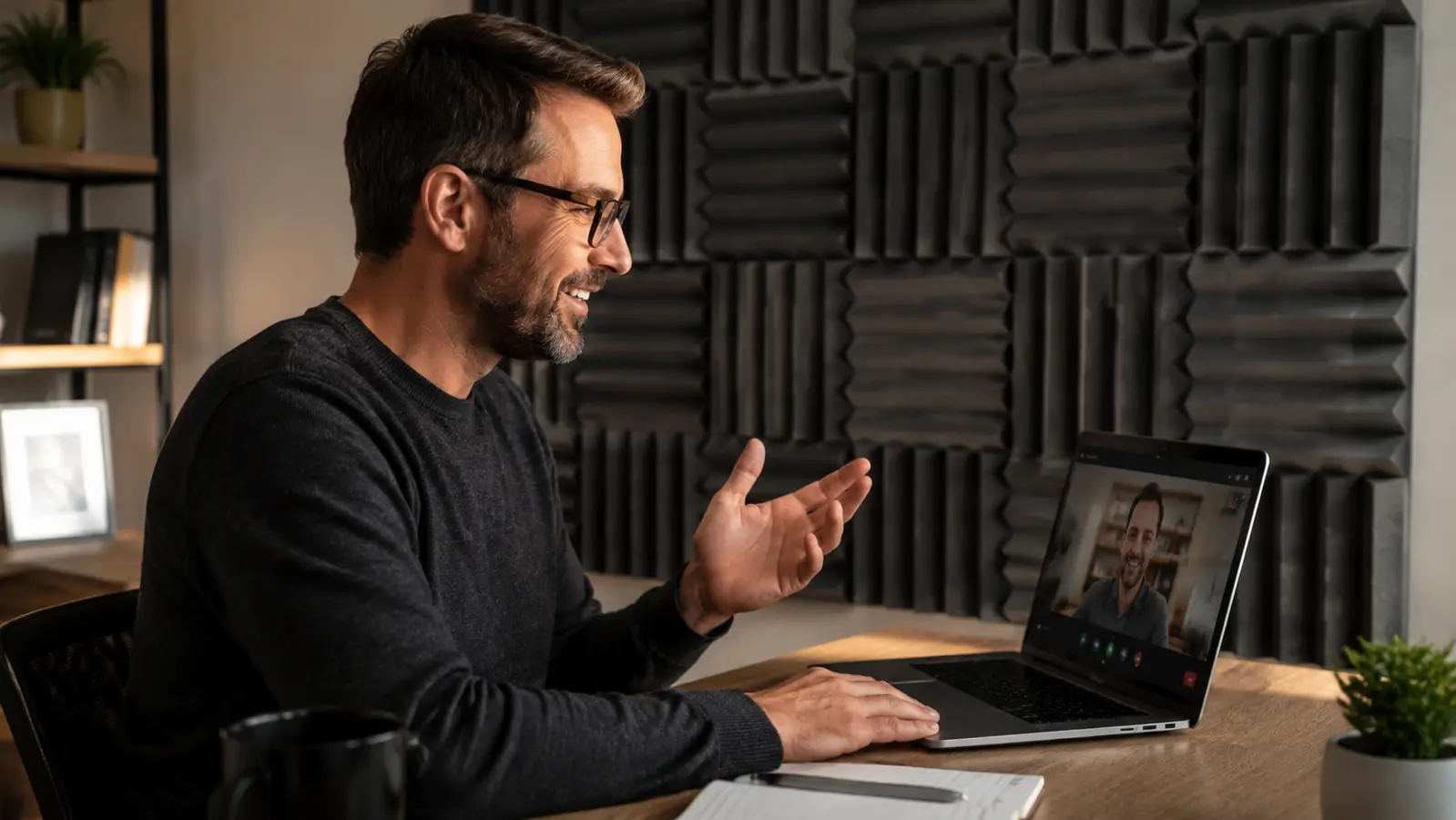Man wearing headphones on a video call in a home office with acoustic panels visible on the wall behind him