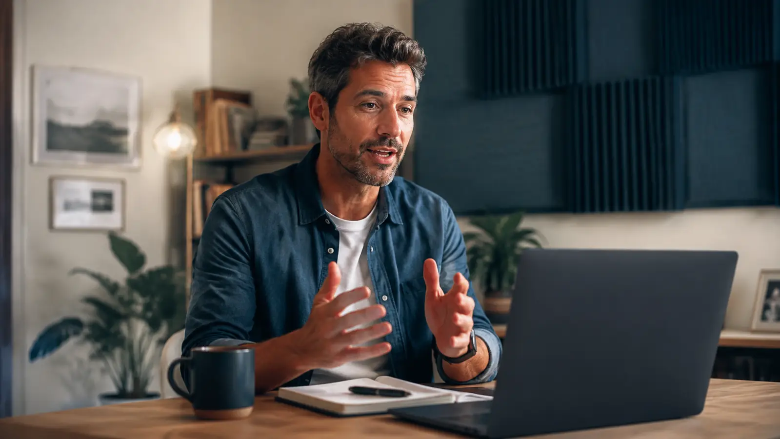Home office worker speaking clearly on a video call after acoustic treatment