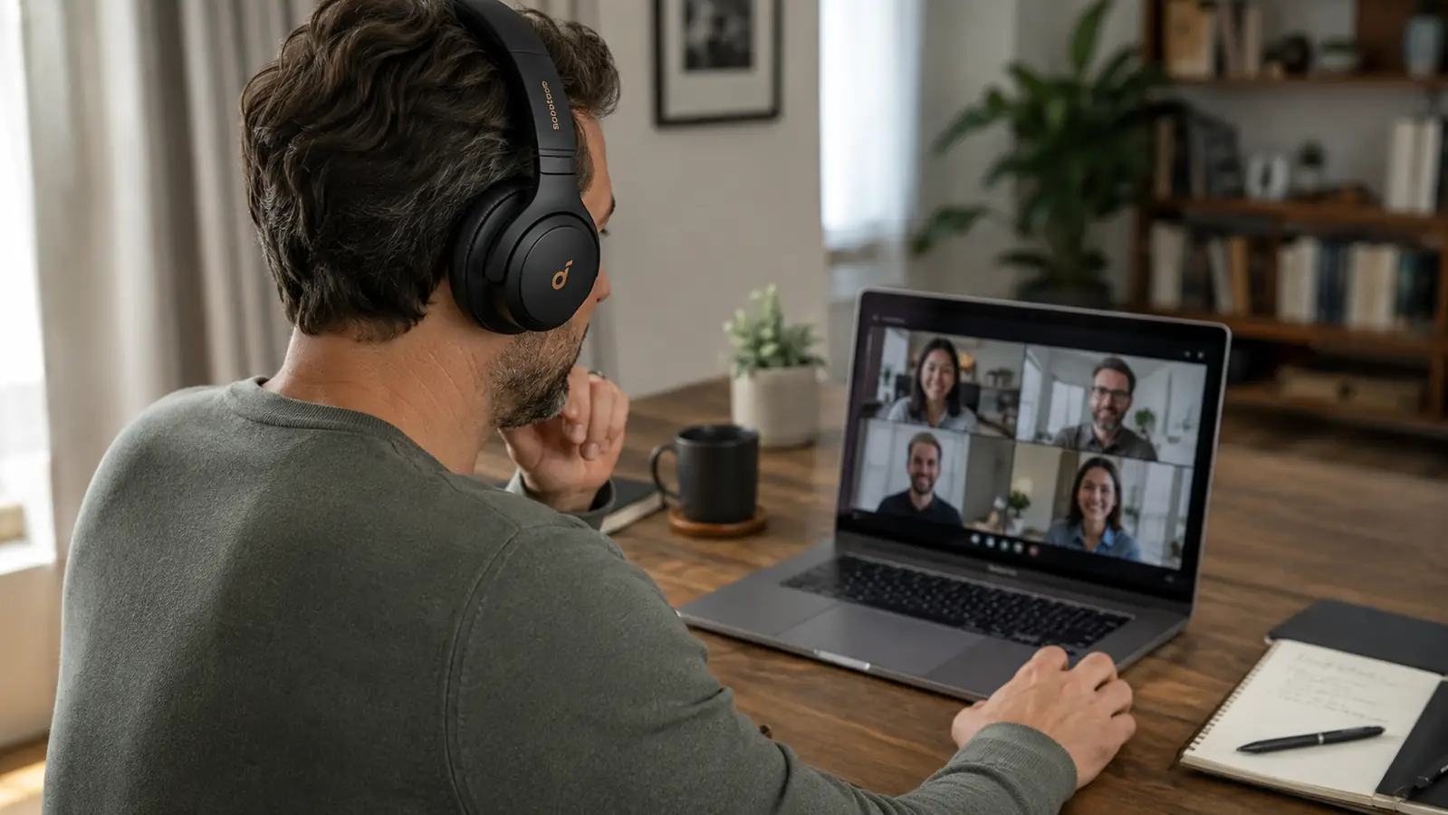 Person wearing black over-ear noise cancelling headphones during a video call at a home desk
