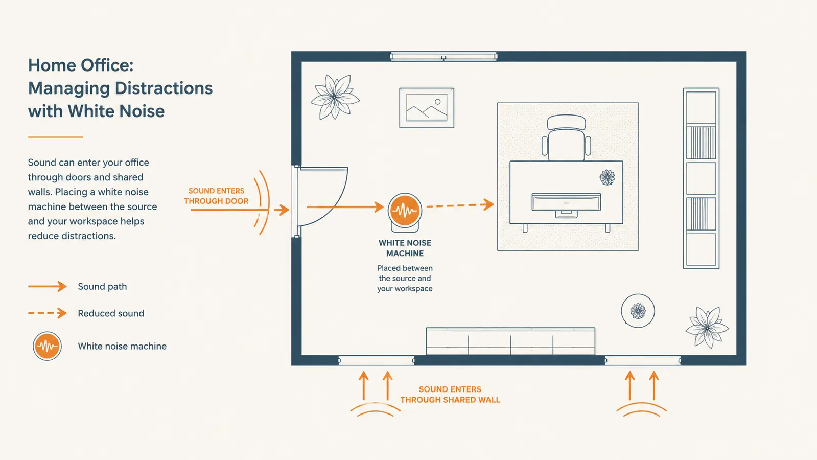 Floor plan diagram showing where noise enters a home office and where a white noise machine and desk are positioned relative to the door