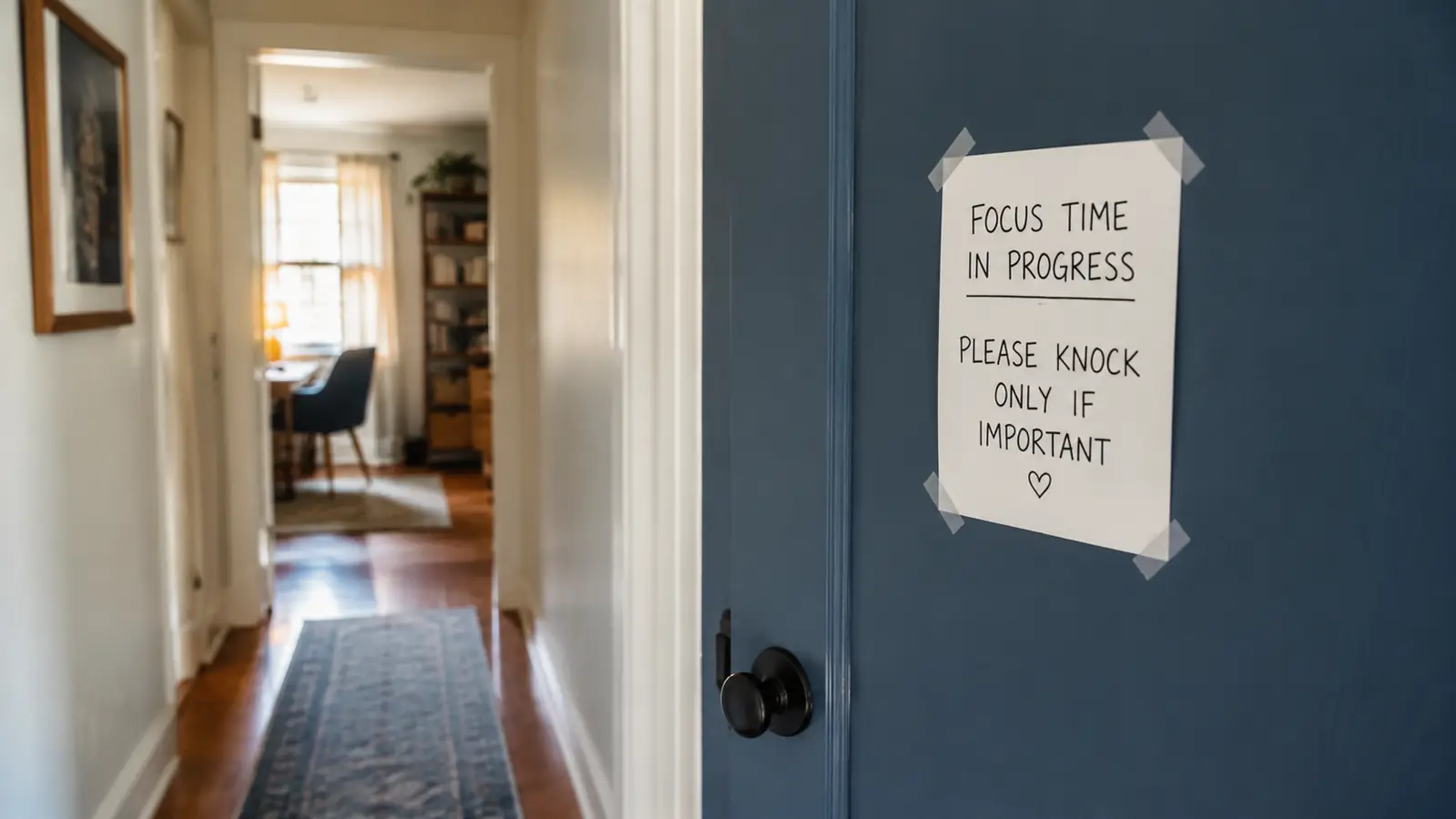 Small printed sign taped at eye level on the outside of a home office door
