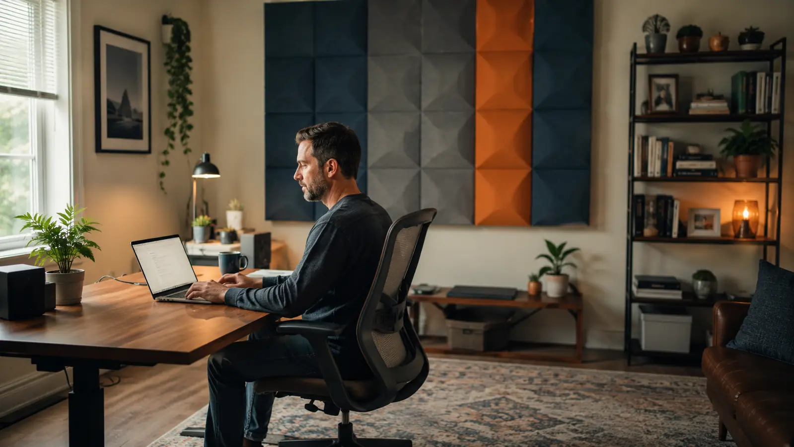 A finished home office with acoustic panels on the wall, a small rug, and a filled bookshelf, calm and quiet-looking workspace