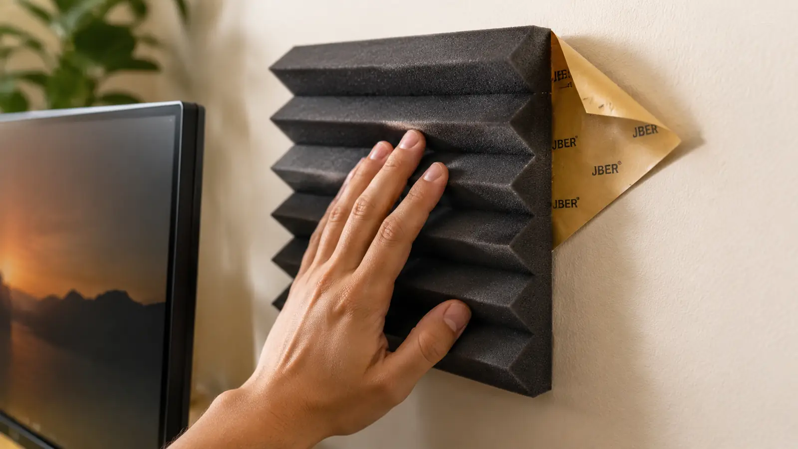 Hand pressing a self-adhesive acoustic foam square onto a drywall corner behind a desk monitor