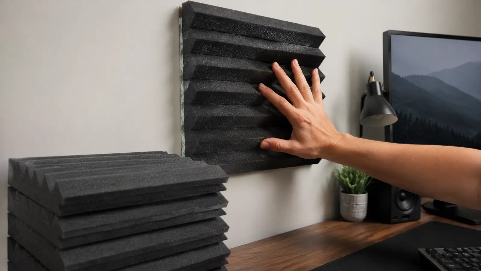 Hand pressing a JBER acoustic foam wedge panel onto a wall above a desk using mounting adhesive