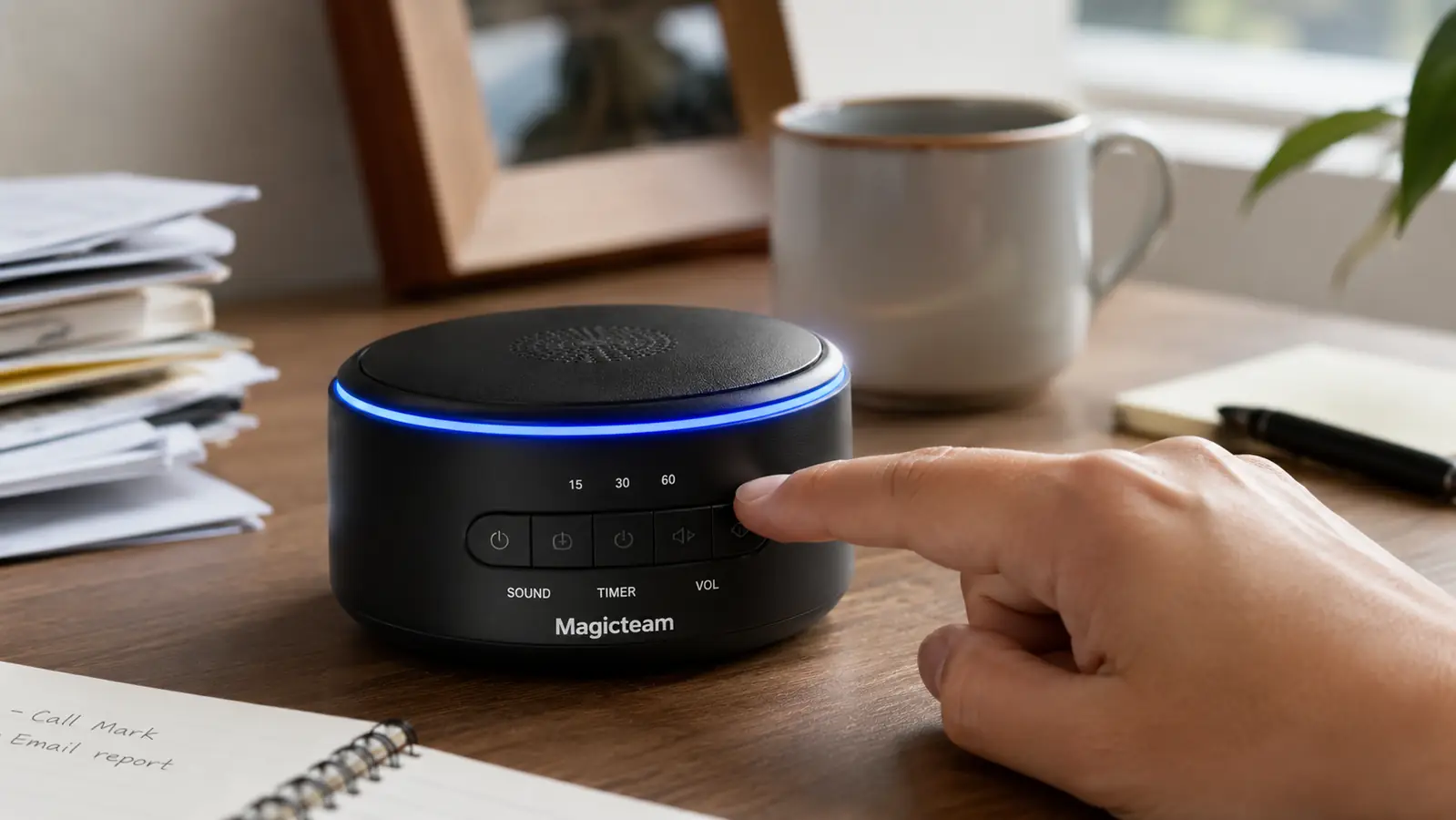 Hand pressing the sound-selector button on a white noise machine to cycle through tracks on a cluttered apartment desk