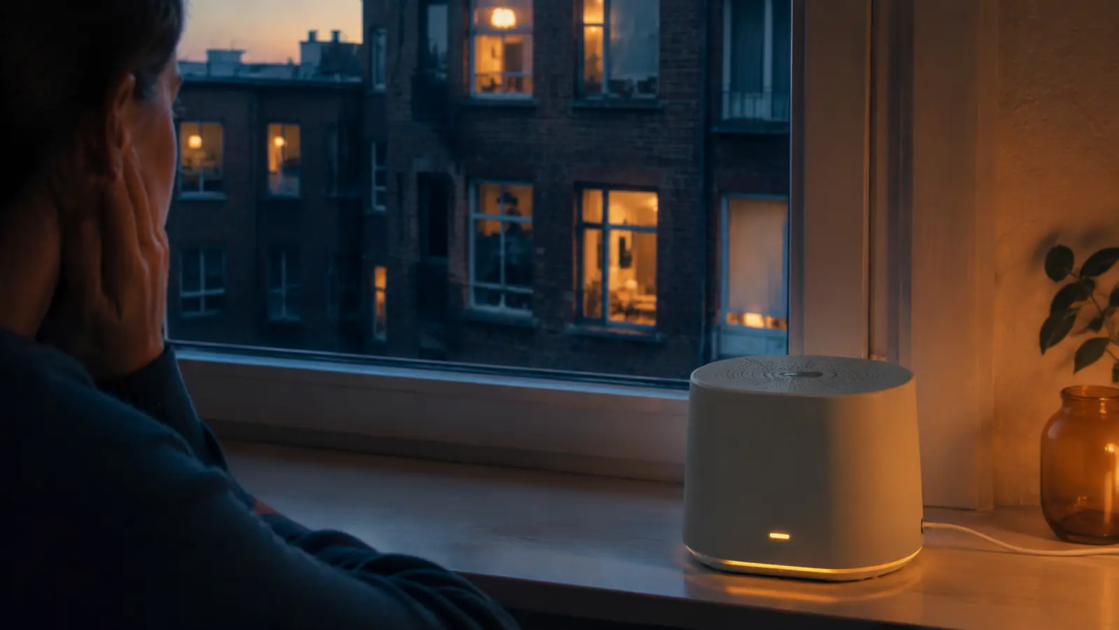 White noise machine sitting on an apartment windowsill at dusk with the neighboring building's lit windows visible outside