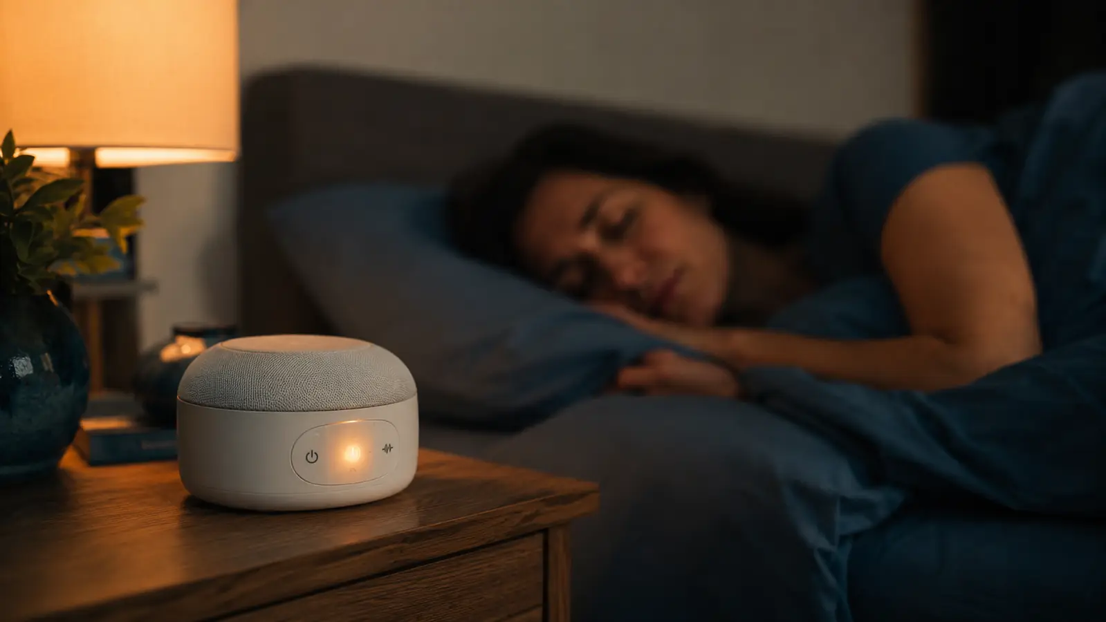 White noise machine glowing softly on a nightstand at night next to a dimmed lamp