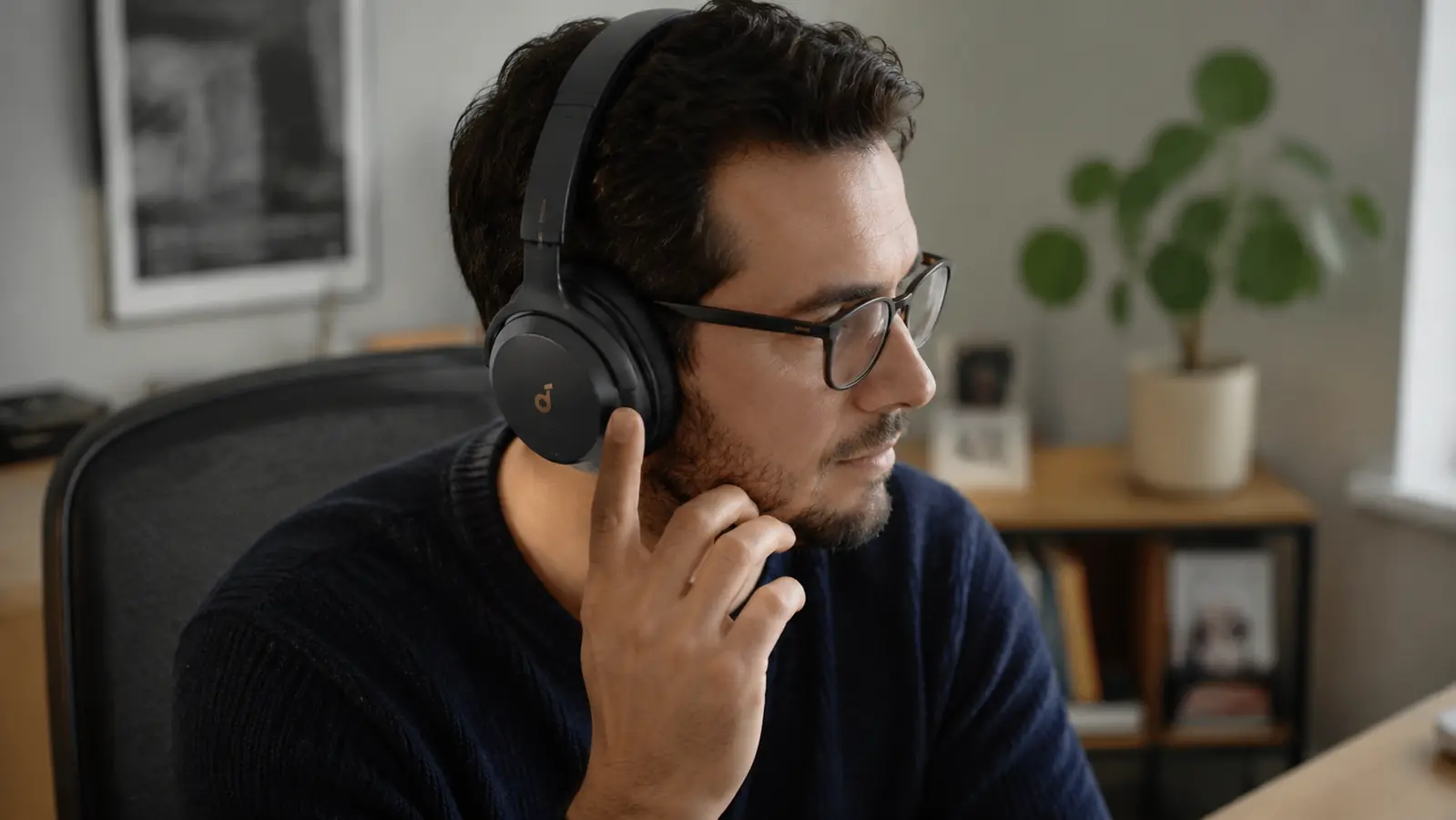 Person at a desk touching the control panel on the right ear cup of the Soundcore Q30 while wearing glasses
