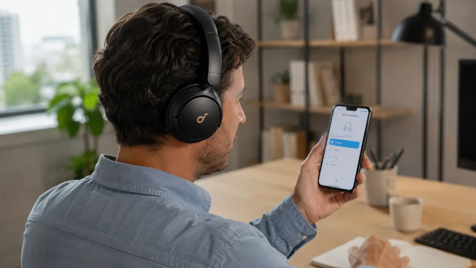 Hand adjusting the Soundcore app EQ and ANC mode while wearing the Q30 headphones at a desk