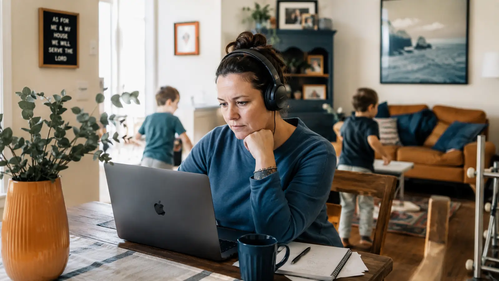 Person wearing the Soundcore Q30 headphones while taking a work call at a kitchen table with kids visible in the background
